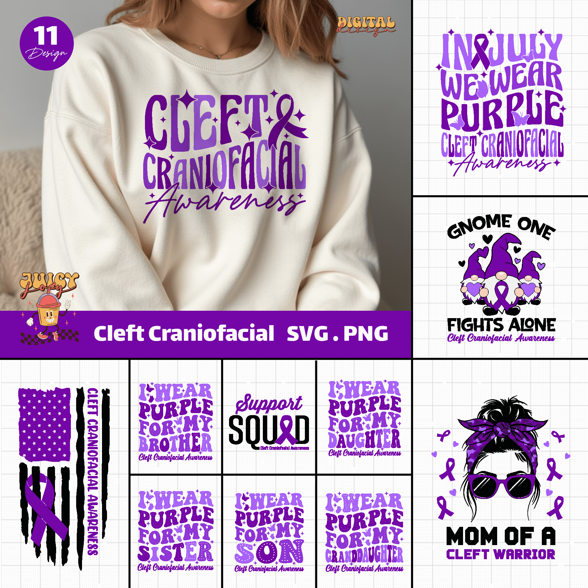 Cleft Craniofacial Awareness Svg Png Bundle, Purple Ribbon Svg, Cleft Palate Support Sublimation Design