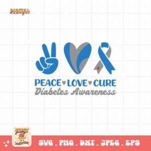Peace Love Cure Svg, Diabetes Awareness Svg Png, Blue Ribbon Svg, Type 1 Diabetes T1D Awareness Svg Cricut Sublimation