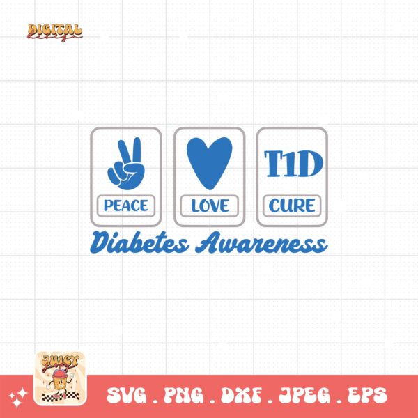 Peace Love Cure Svg, Diabetes Awareness Svg Png, Blue Ribbon Svg, Type 1 Diabetes T1D Awareness Svg Cricut Sublimation