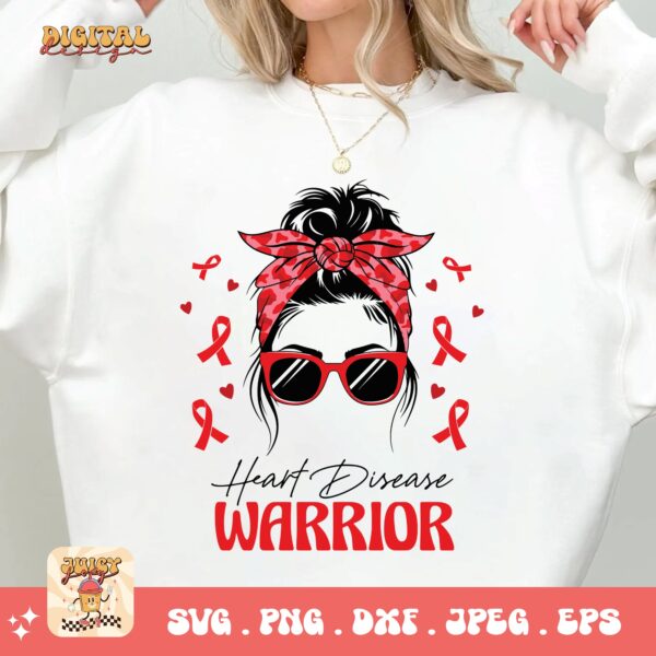 Heart Disease Awareness Png Svg, Heart Disease Warrior Messy Bun Png, Red Ribbon Svg Cricut Sublimation Design - Image 2