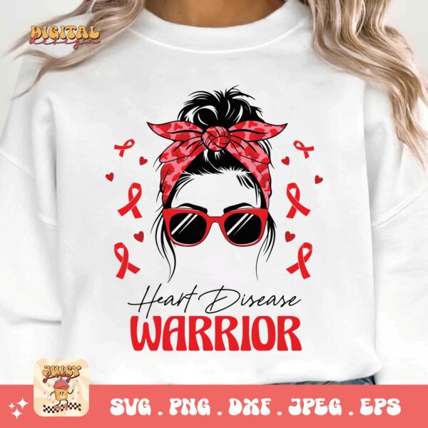 Heart Disease Awareness Png Svg, Heart Disease Warrior Messy Bun Png, Red Ribbon Svg Cricut Sublimation Design - Image 3