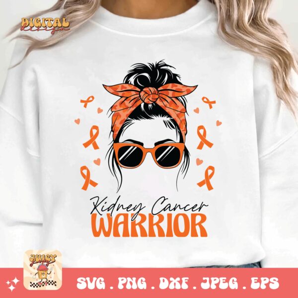 Kidney Cancer Awareness Png Svg, Kidney Cancer Warrior Messy Bun Svg Cricut, Orange Ribbon Png Sublimation Designs - Image 3