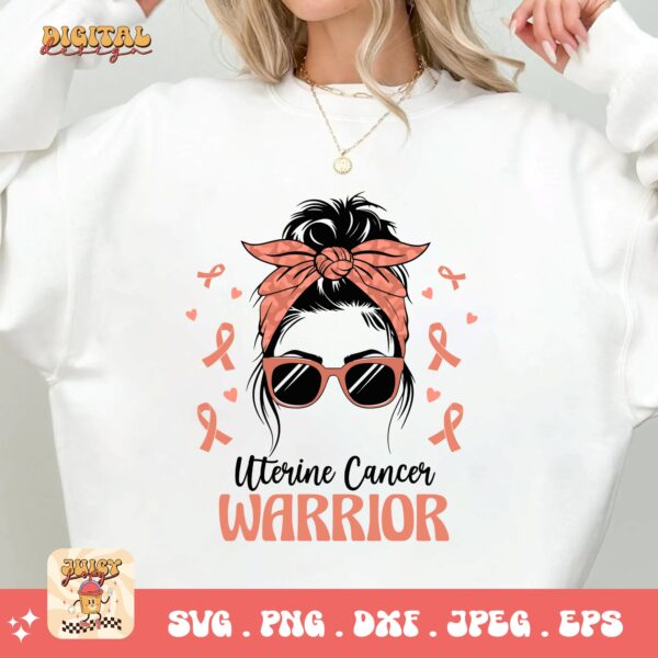 Uterine Cancer Awareness Svg Png, Uterine Cancer Warrior Messy Bun Svg, Peach Ribbon Svg, Endometrial Cancer Svg Cricut Cut File Sublimation - Image 2