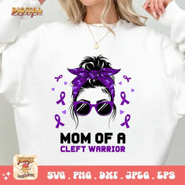 Cleft Craniofacial Awareness Svg Png, Mom of a Cleft Warrior Messy bun Svg, Purple Ribbon Svg, Cleft Palate Support Cricut Sublimation - Image 2