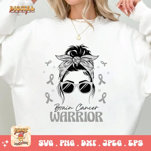 Brain Cancer Warrior Messy Bun Svg Png, Brain Tumor Awareness Svg Png, Grey Ribbon Brain Cancer Svg Cricut File Sublimation Design - Image 2