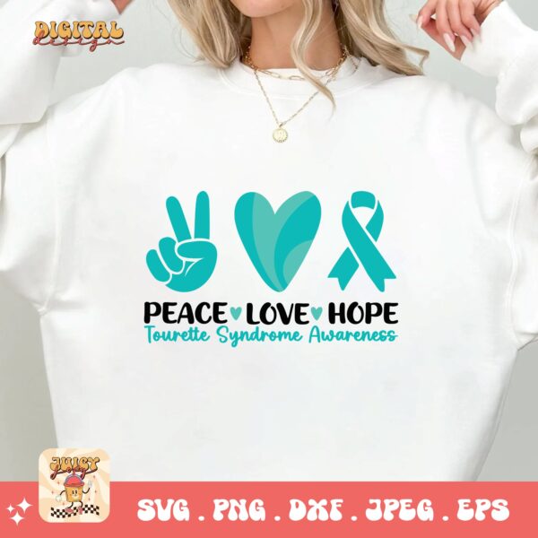Peace Love Hope Svg, Tourette Syndrome Awareness Svg Png, Teal Ribbon Svg Cricut File Sublimation Design - Image 2