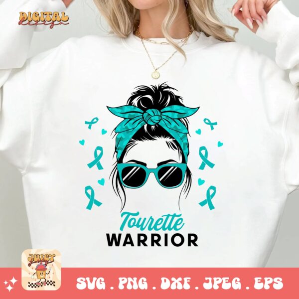Tourette Warrior Messy Bun Svg, Tourette Syndrome Awareness Svg Png, Teal Ribbon Svg Cricut File Sublimation Design - Image 2
