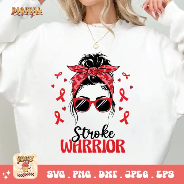 Stroke Warrior Messy Bun Svg, Stroke Awareness Svg Png, Red Ribbon Svg Cricut Sublimation Design - Image 2