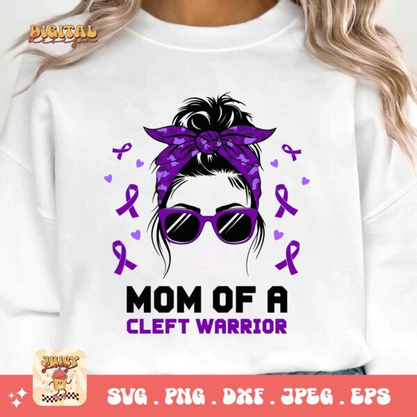 Cleft Craniofacial Awareness Svg Png, Mom of a Cleft Warrior Messy bun Svg, Purple Ribbon Svg, Cleft Palate Support Cricut Sublimation - Image 3