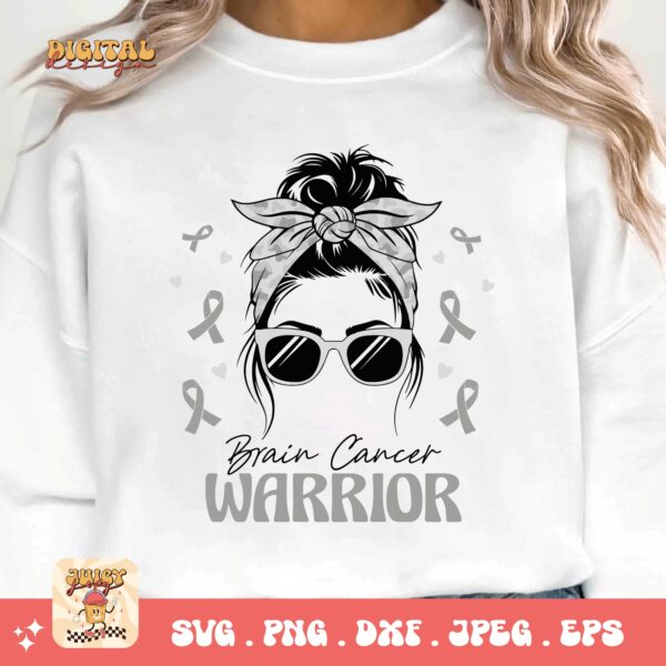 Brain Cancer Warrior Messy Bun Svg Png, Brain Tumor Awareness Svg Png, Grey Ribbon Brain Cancer Svg Cricut File Sublimation Design - Image 3
