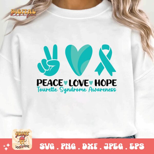 Peace Love Hope Svg, Tourette Syndrome Awareness Svg Png, Teal Ribbon Svg Cricut File Sublimation Design - Image 3