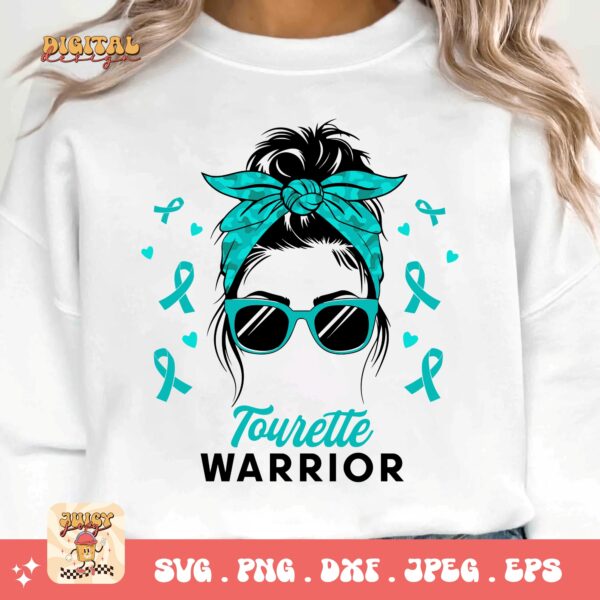 Tourette Warrior Messy Bun Svg, Tourette Syndrome Awareness Svg Png, Teal Ribbon Svg Cricut File Sublimation Design - Image 3