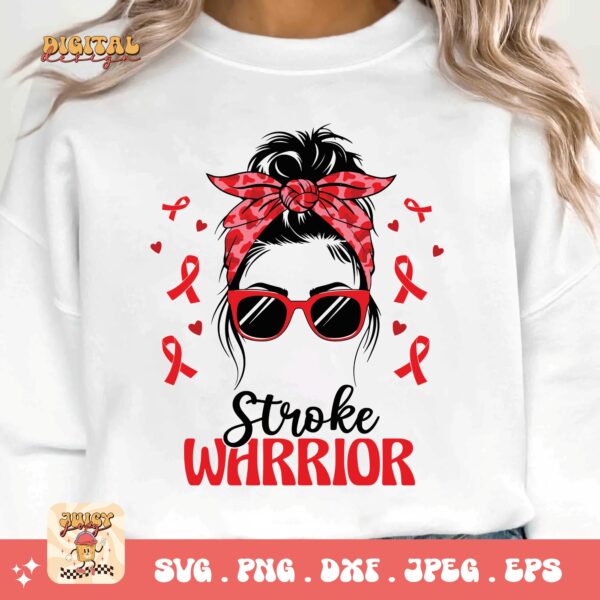 Stroke Warrior Messy Bun Svg, Stroke Awareness Svg Png, Red Ribbon Svg Cricut Sublimation Design - Image 3