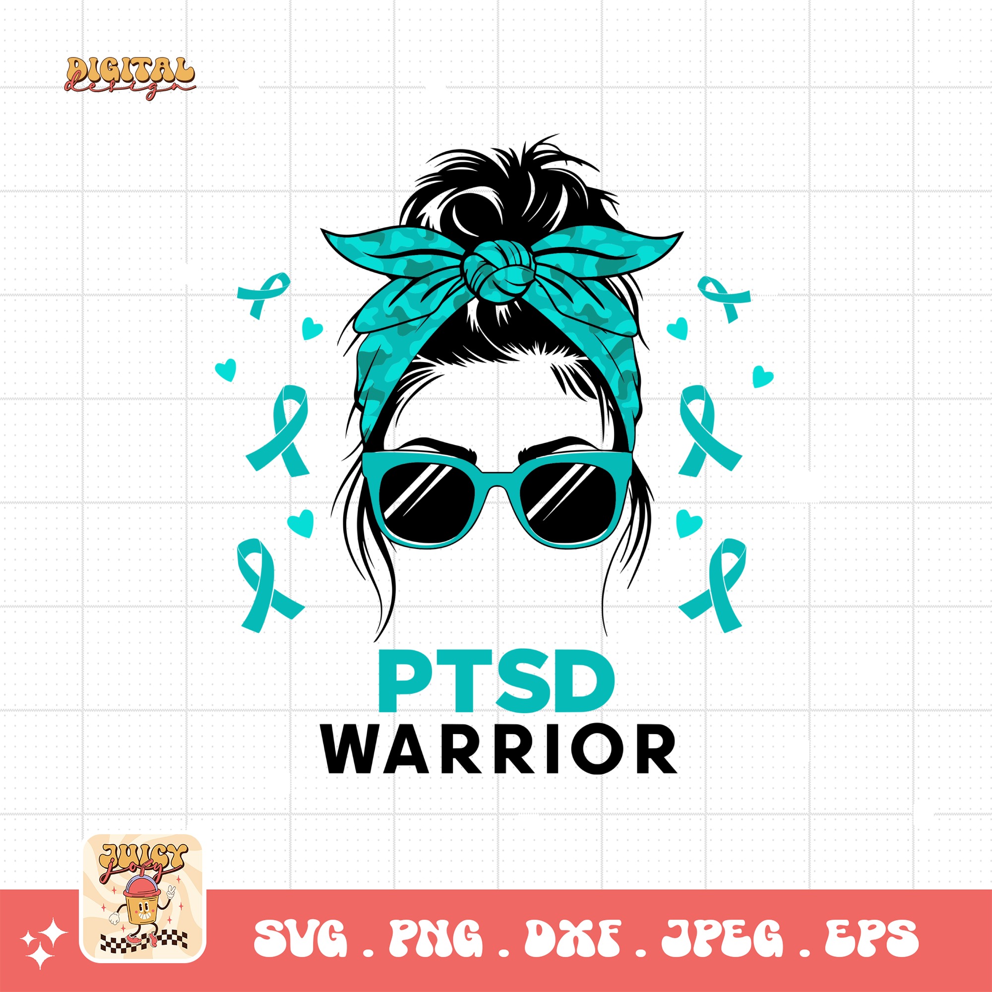 PTSD Awareness Svg Png, PTSD Warrior Messy Bun Svg, Teal Ribbon Post-traumatic Stress Disorder Svg Cricut File Sublimation Design
