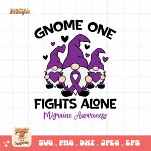 Gnome One Fights Alone Svg, Migraine Awareness Svg Png, Purple Ribbon, Chronic Headache Pain Support Svg Cricut Sublimation Design