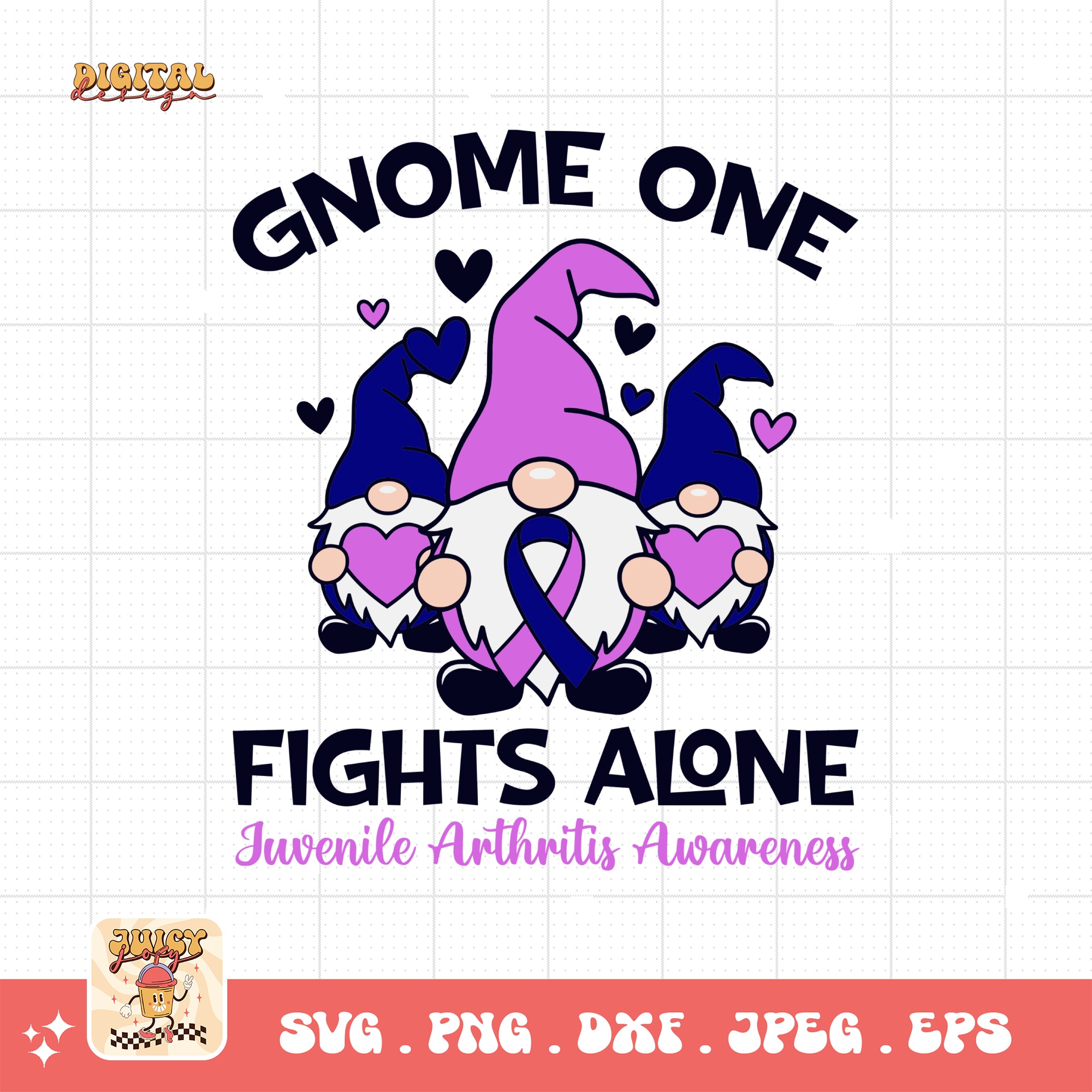 Gnome One Fights Alone Svg, Juvenile Arthritis Awareness Svg Png, Blue Purple Ribbon Cricut Sublimation Design