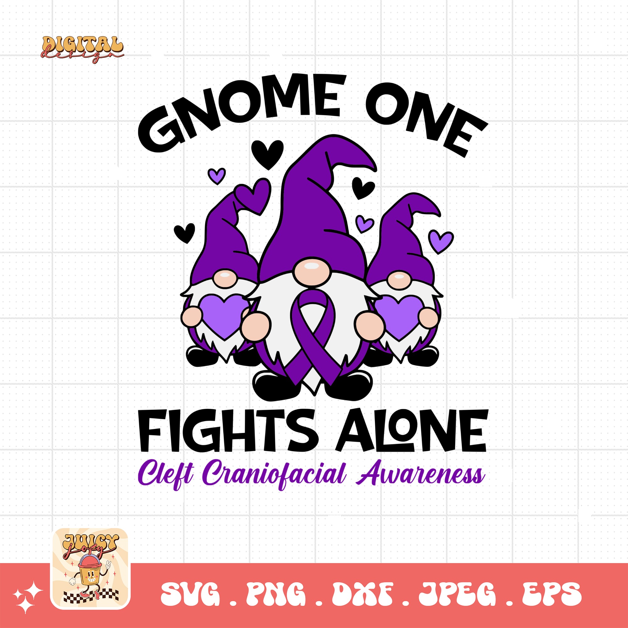 Cleft Craniofacial Awareness Svg Png, Gnome One Fights Alone Svg, Purple Ribbon Svg, Cleft Palate Support Cricut Sublimation