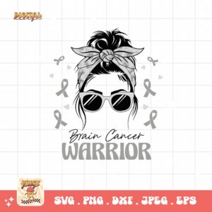 Brain Cancer Warrior Messy Bun Svg Png, Brain Tumor Awareness Svg Png, Grey Ribbon Brain Cancer Svg Cricut File Sublimation Design