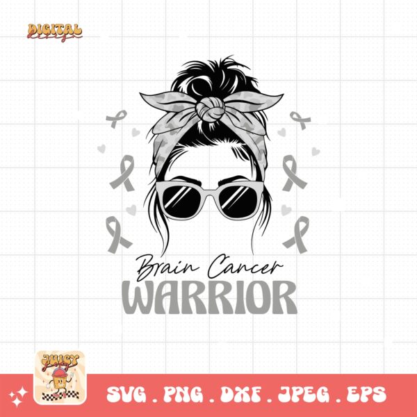 Brain Cancer Warrior Messy Bun Svg Png, Brain Tumor Awareness Svg Png, Grey Ribbon Brain Cancer Svg Cricut File Sublimation Design
